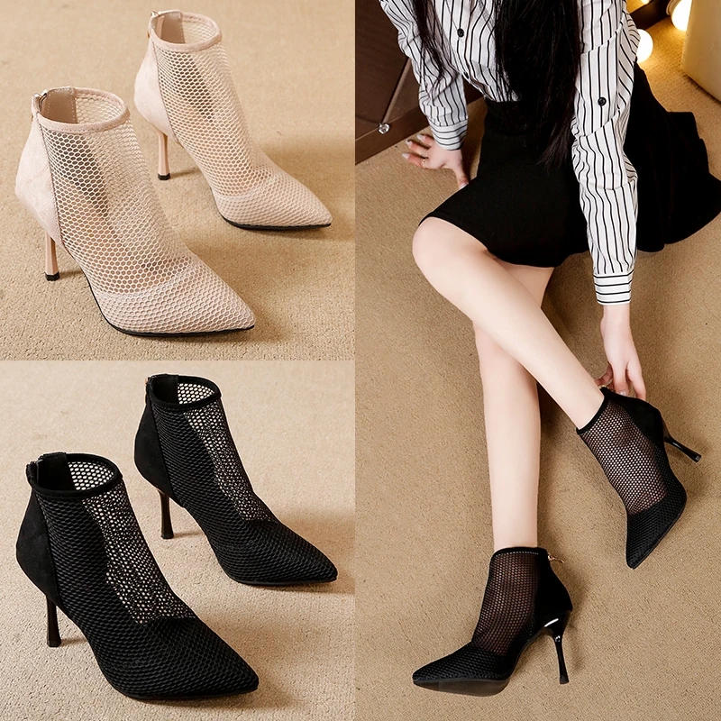 2019Fashion Womens Ankle Boots Mesh Shoes Sexy High Heels Lady Platform Pumps Lace Up Shoe Female