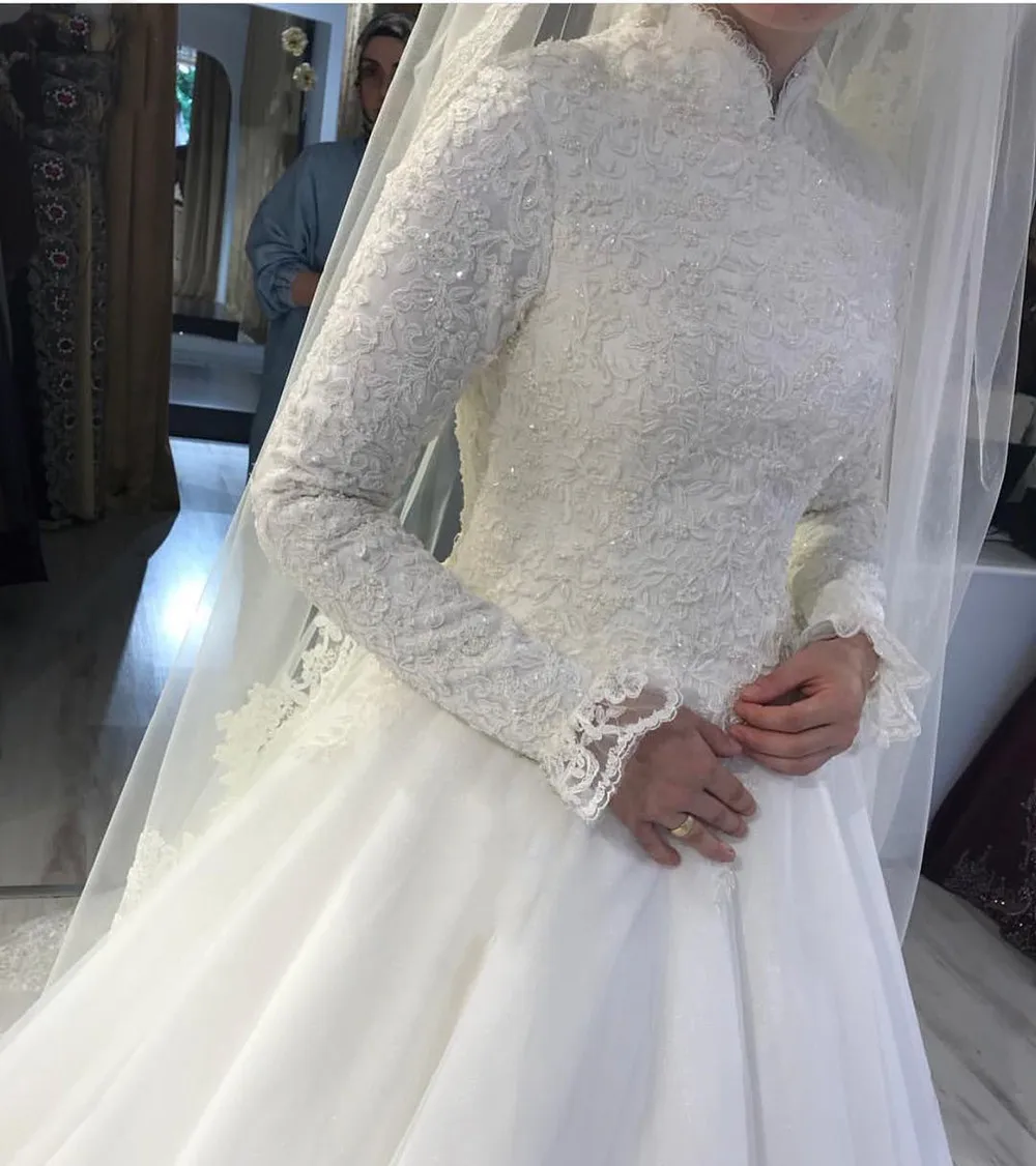 Vestido De novia blanco, árabe, musulmán, Princesa, cuello alto, manga larga, apliques De encaje, Túnica De novia, 2020