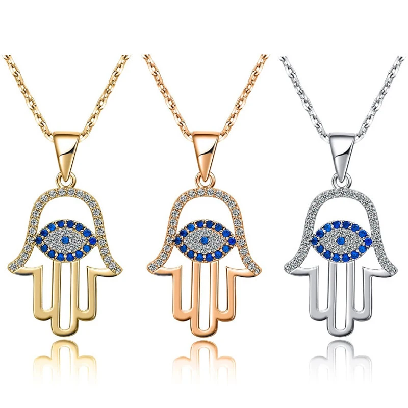 Evil Eye Hamsa Hand Necklace 14k Gold / Rose Gold Plated /Sterling Silver Third Eye White Blue Cz Womens Pendant Dainty Necklace