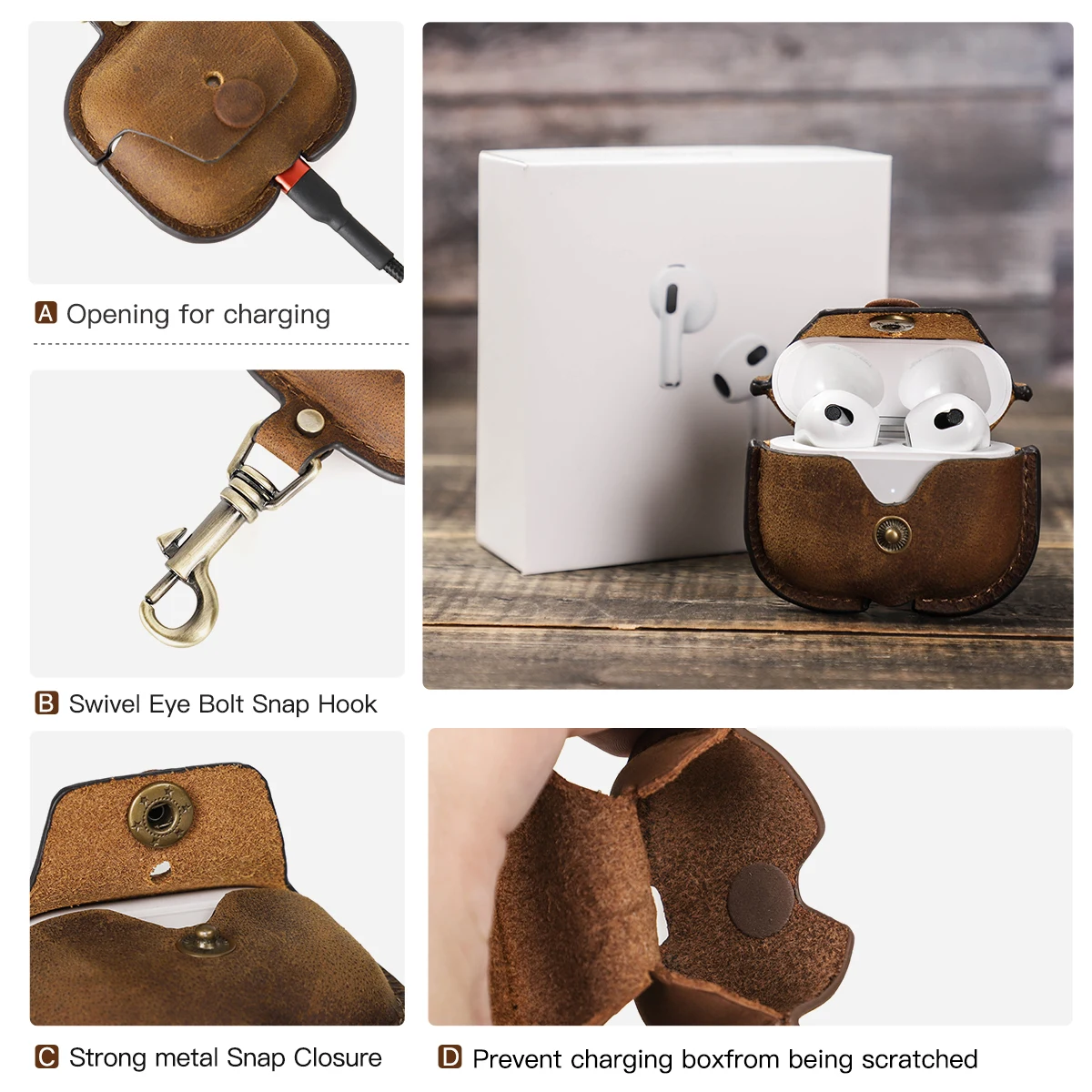 Cowhide Leather Cover For Apple Airpods 3 2021 Leather Case With Hook Bluetooth Wireless Funda Charging Box Airpod Accessories