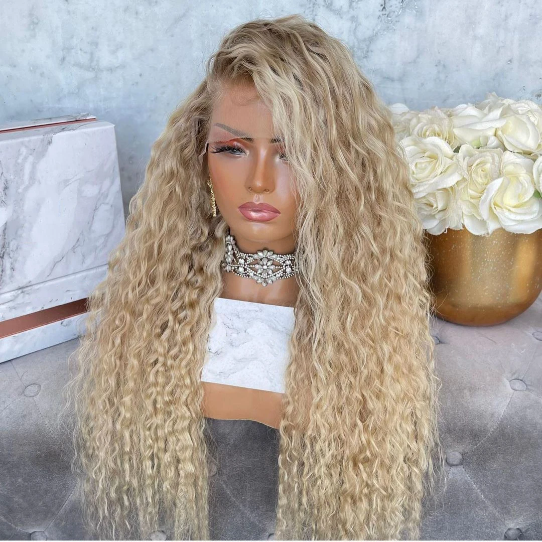 High Density 200% Blonde Curly Human Hair Wig Pre Plucked Side Part with Baby Hair 13x4 Lace Front Wig 28\