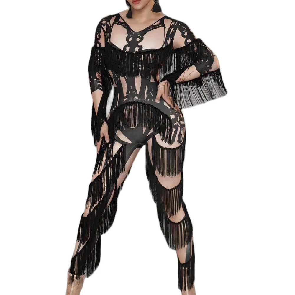 

Women Black Long Sleeve Tassel Print Tight Stretch Jumpsuits Dance DJ Singer Costume