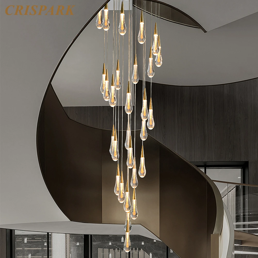 Modern LED Ceiling Lamp Stair Crystal Luxury Chandelier Lighting Gold Raindrop Pendant Hanging Light Fixture for Kitchen Island