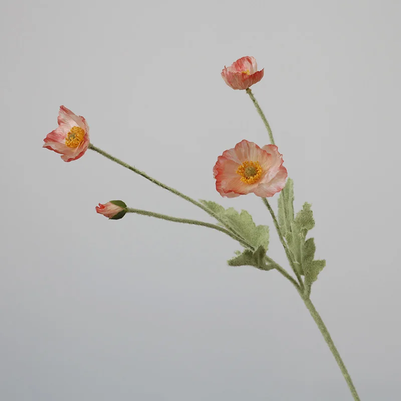 6pcs Artificial Flowers Gorgeous Silk Poppy Flocky Stem Wedding Holiday Bridal Bouquet Photography
