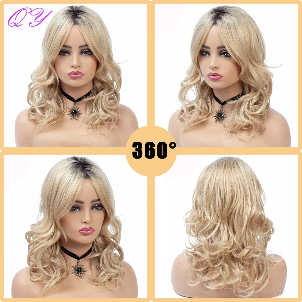 Synthetic Wig For Women Blonde Golden Natural Short Wavy Curly Middle Part Daily Party Wear High Temperature Ladies Hair Wigs