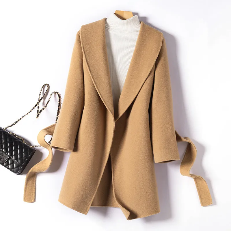 

Spring Autumn Slim Mid Long Double Sided Wool Jacket Women Korean Casual Overcoat Belt Long Sleeve Solid Color Wool Coat Female