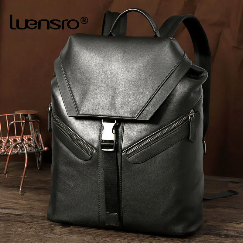 String Backpack Men Genuine Leather Backpacks Teenager Boys School Bag For 15.6 Inch Laptop Backpack Anti-theft Travel Bag