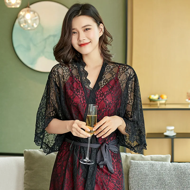 Sexy Hollow Out Homewear Half Sleeve Nightwear Novelty Women Burgundy Lace Kimono Robe Intimate Lingerie Casual Bathrobe Gown