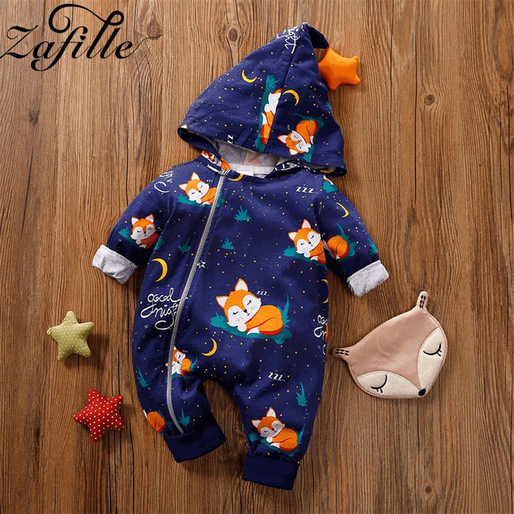 ZAFILLE Cute Baby Rompers Cartoon Children's Winter Overalls Hooded Men's Baby Clothes Fox Newborn Crawlers For Kids Boy Outfits