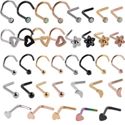 4PCS/Lot Surgical Steel Nose Bone Studs Anodized Black Gold Plated Curved Ring Ball Heart Piercing Body Jewelry 20G