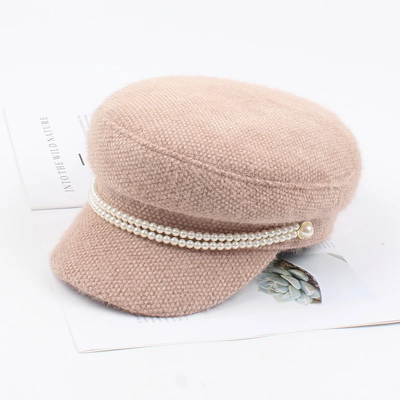 USPOP New winter caps women newsboy caps female pearl mink hair military caps vintage flat top thick warm hats