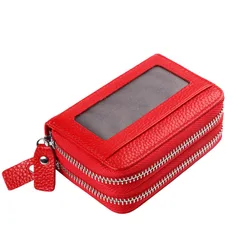 Fashion Brand Genuine Leather Women Card Holder Double Zipper Large Capacity Female ID Credit Card Case Bag Wallet