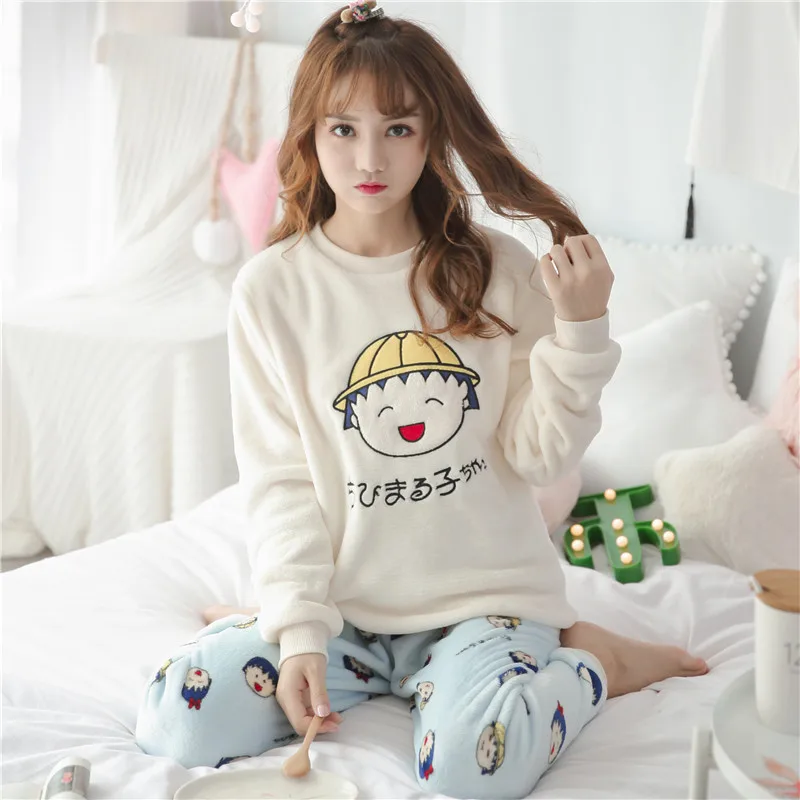 

Autumn and winter thick warm flannel pajamas women's long sleeves cute cartoon ladies home service suit a variety of styles
