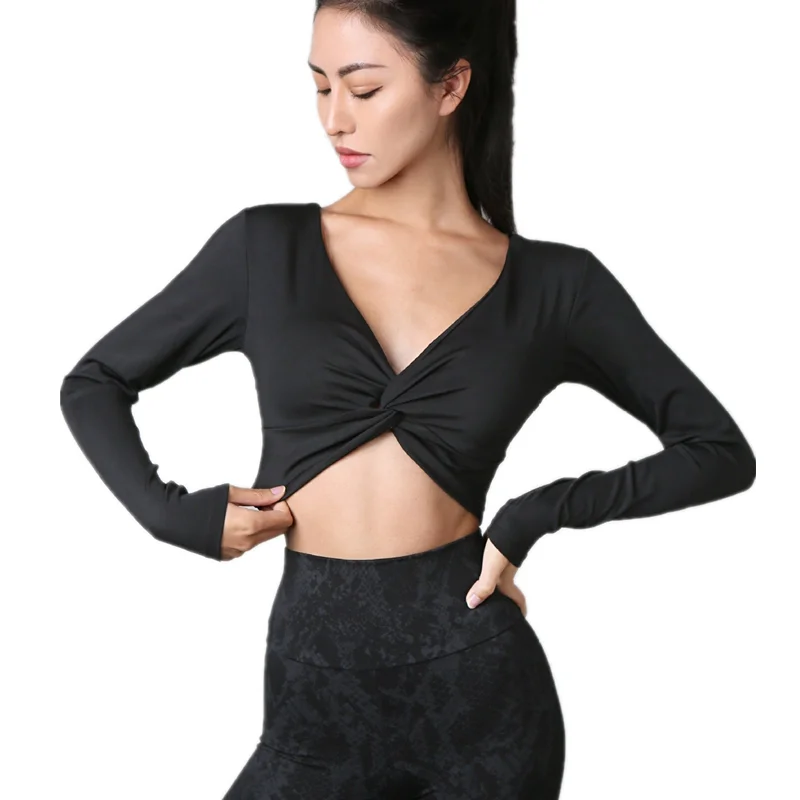 

Sexy V Neck Sports Top Yoga Shirts Women Long Sleeve Workout Fitness Crop Top With Chest Pad Front kinke Cutout Running Tees