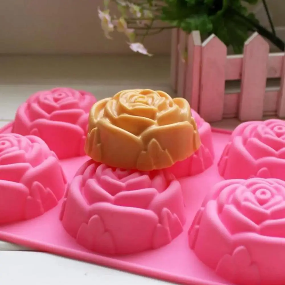 1pcs Cake Mold 3D Reusable 6-Cavity Non-stick Rose Flower Shape Fondant Mould for Kitchen Fondant Heat Resistant Silicone Tools