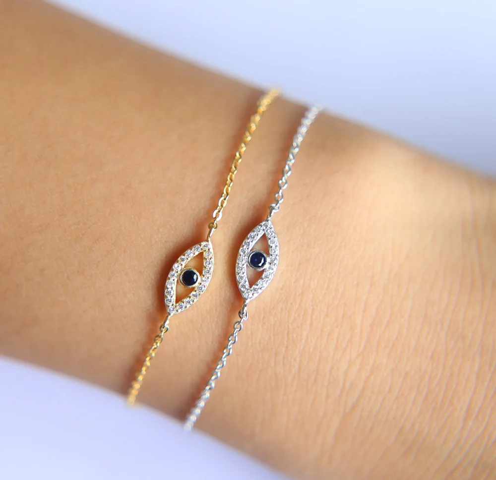 100% 925 Sterling Silver Tiny Turkish Evil Eye Micro Pave Cz Gold Thin Adjustable Link Chain Charm Bracelets Jewelry For Women