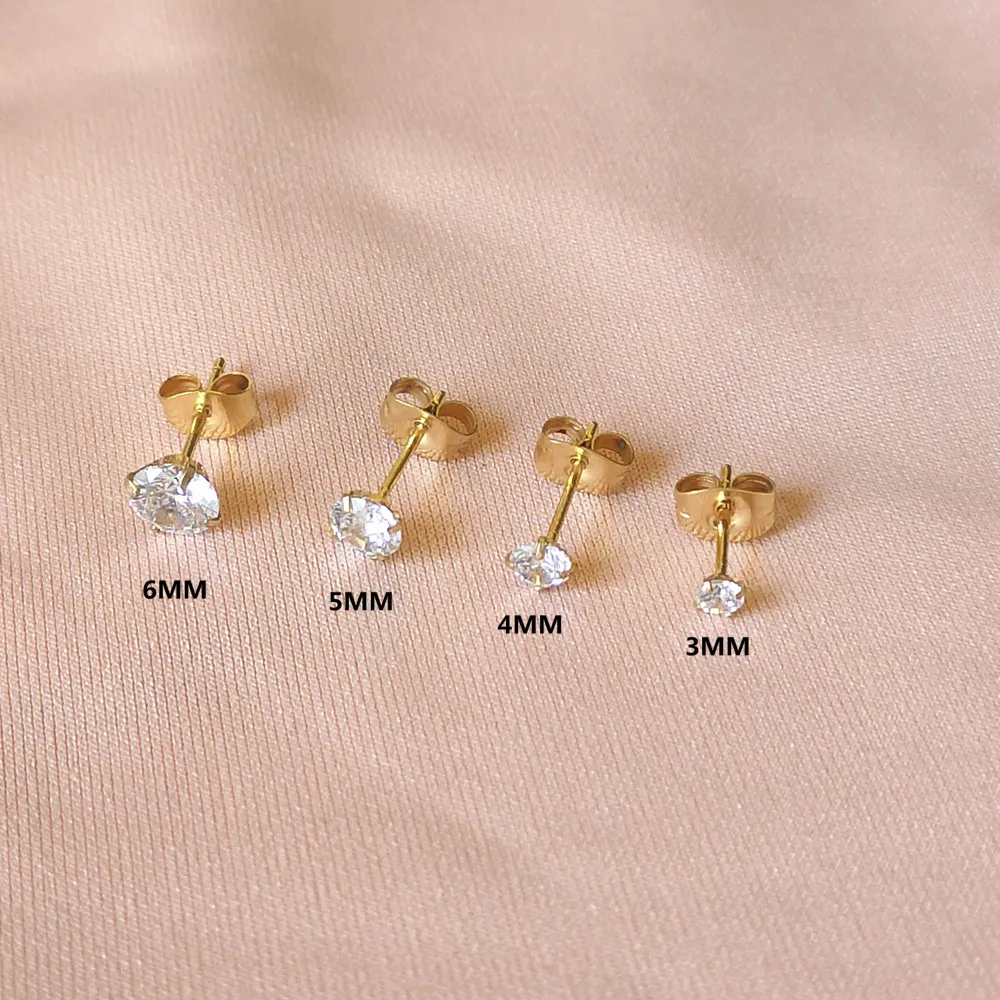 Edelstahl-Ohrstecker, hypoallergen, mit Push-Back-Verschluss und glitzernden AAA-Zirkonia, IP-Beschichtung, 3/4/5/6 mm, Schmuck – Detail 3