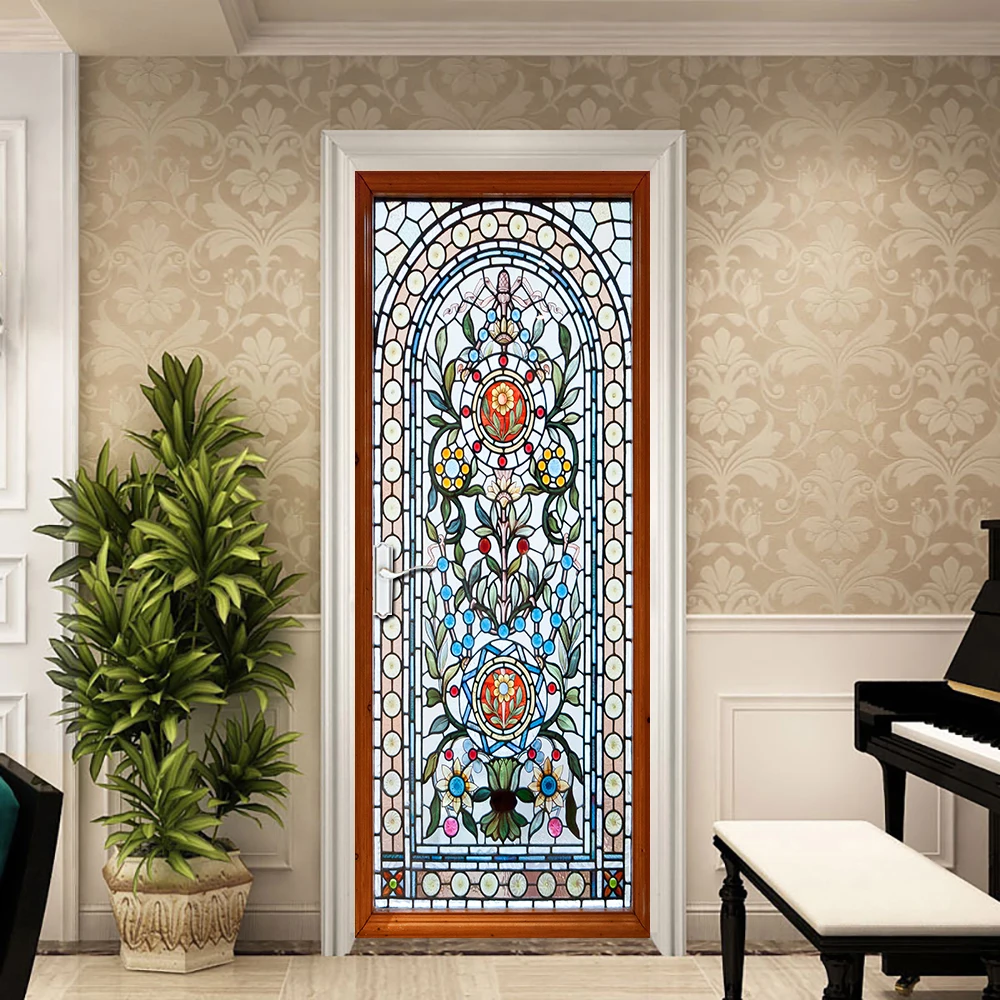 2pcs/set Moroccan Church Glass Style Door Art Mural Sticker Home Decor Sliding Doors Corridor Entrance Decorative Painting