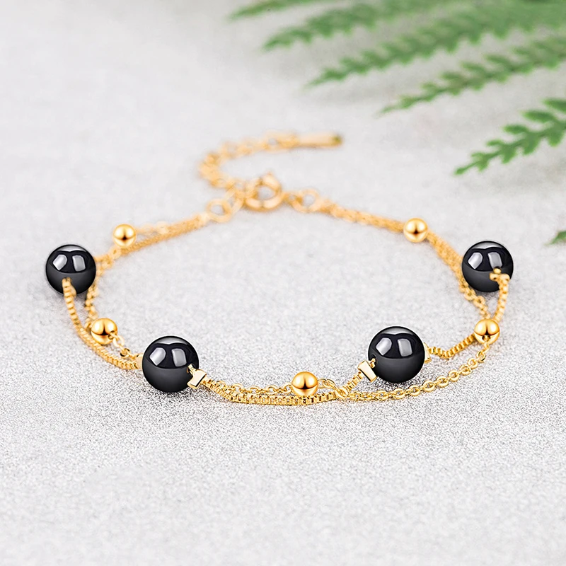 Women's Fashion Simple Chain&Link Bracelets Black Beads Connected Golden/White Thin Charming Bracelets For Lady Girls