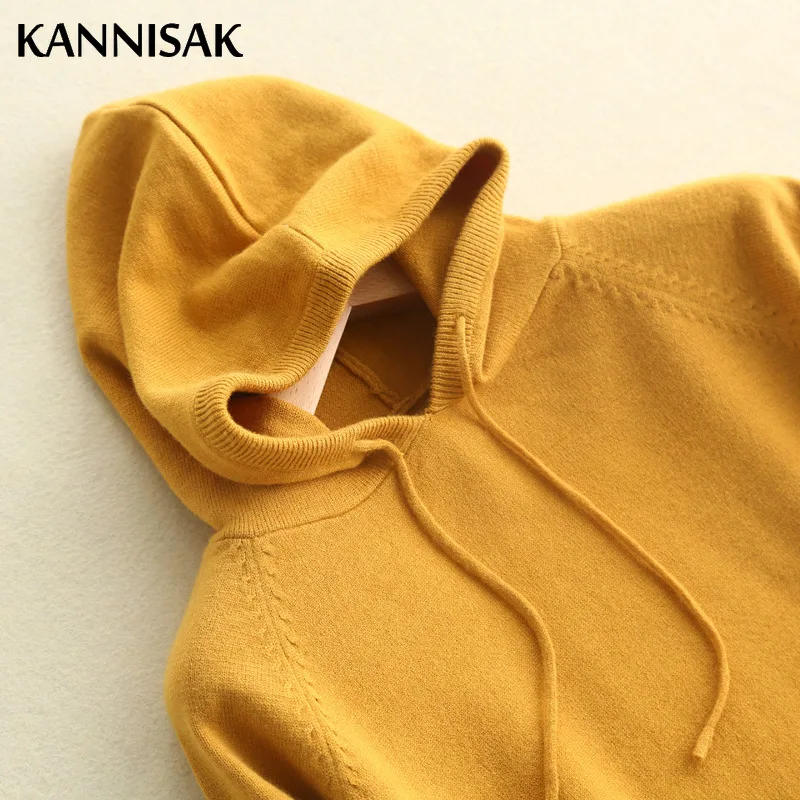 KANNISAK Spring Autumn Women Hoodies 2021 New Solid Sweatshirts Long Sleeve Hooded Hoodie Loose Lady Casual Knitted Pullovers