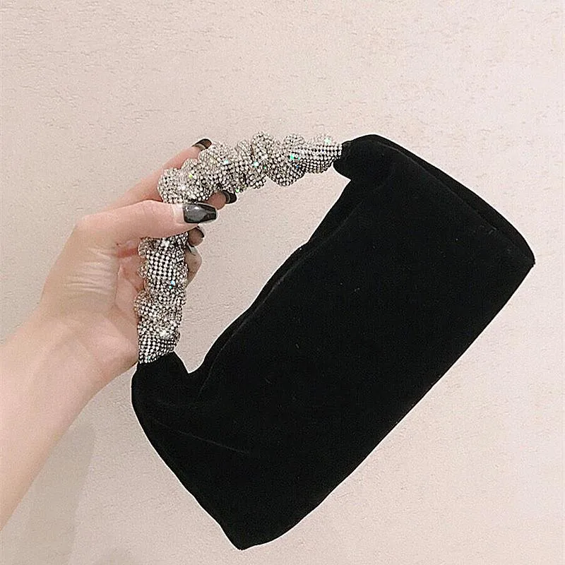 

Rhinestones Fold Handle Velvet Handbag Women 2021 New Luxury Soft Square Clutch Bags Female Chic Designer Purses High Quality