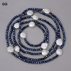 GuaiGuai Jewelry 48'' Natural Freshwater Cultured White keshi Pearl Black Crystal Long Necklace For Women
