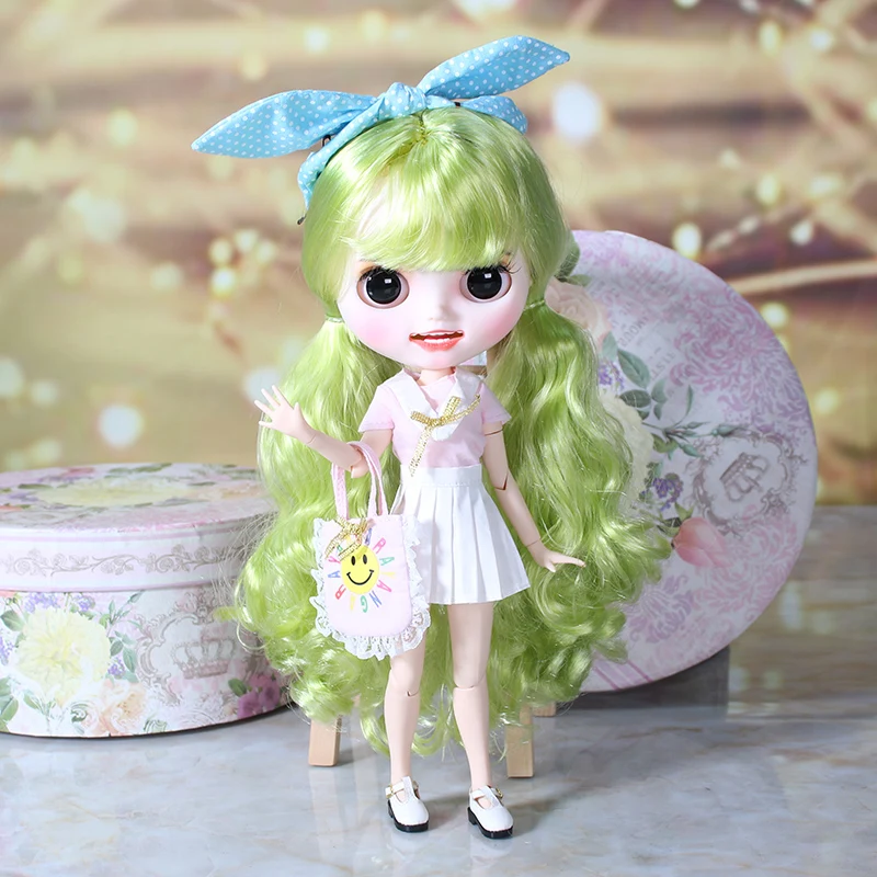 ICY DBS Blyth doll hand painted matte face white skin fresh green curly hair suit doll with teeth lips eyebrows 30cm BJD SD gift