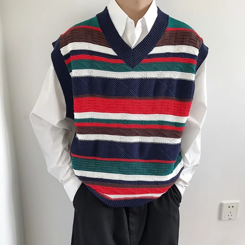 Autumn 2022 New Korean Concise Mixed Colors Vest Outerwear Male Vintage Stripe V-Neck Casual Pullover Knitted Vest Fashion