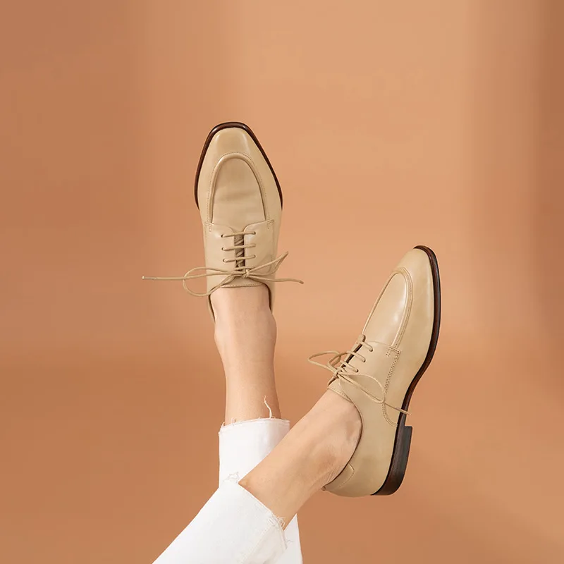 BeauToday Leather Casual Shoes Women Calfskin Derby Waxing Square Toe Lace-Up Closure Female Dress Flats Handmade 21494