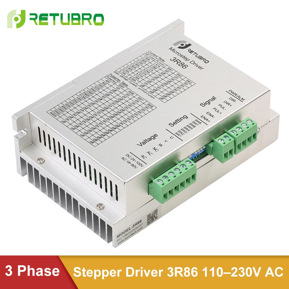 

RETUBRO 3 Phase Stepper Motor Driver 3R86 Microstepping Nema 34 DC AC 24-100V/18-80V Drive 1.0-8.0A