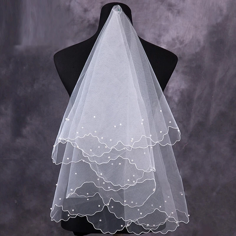 Bridal Veil Pearl Wedding Dress Layers Tulle Ribbon Edge Veils Women Accessories