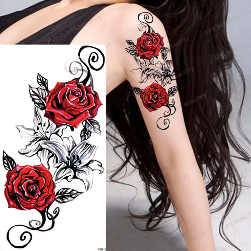 1x Waterproof Flower Temporary Tattoo Sticker Snake Rose Flash Lace Wolf Lion Body Art Arm Fake Sexy Women Men Sleeve