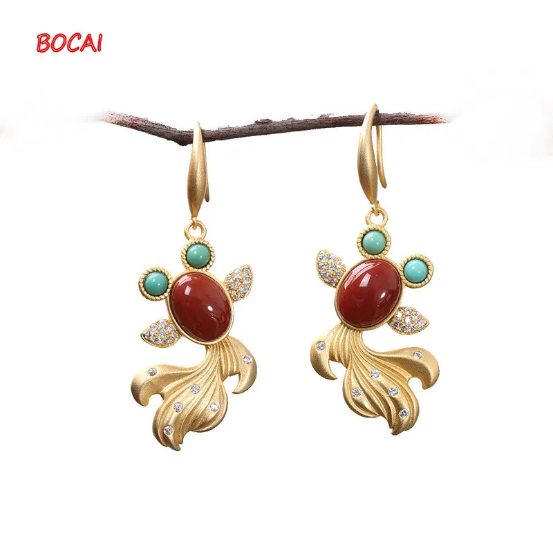 New s925 silver gold-plated southern red agate goldfish earrings