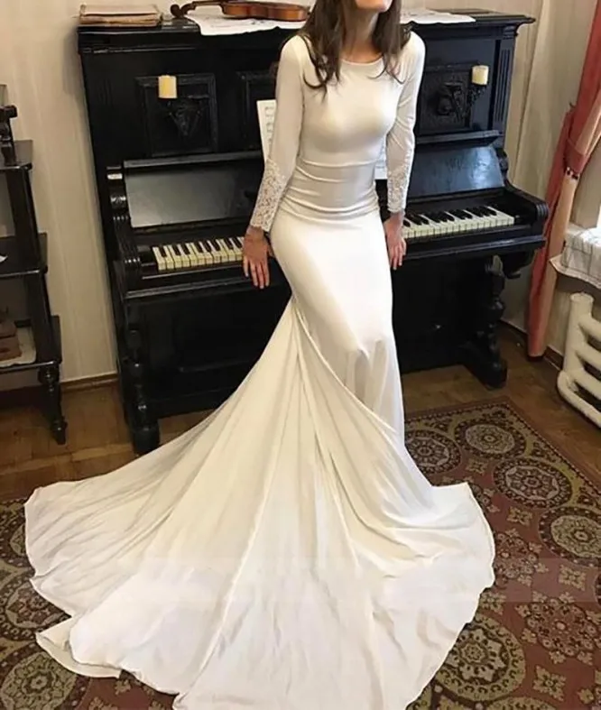 Vestidos de casamento sereia cetim com apliques de renda, Hot Scoop mangas compridas, vestidos de noiva finos, modesto robe simples, casamento árabe, 2024