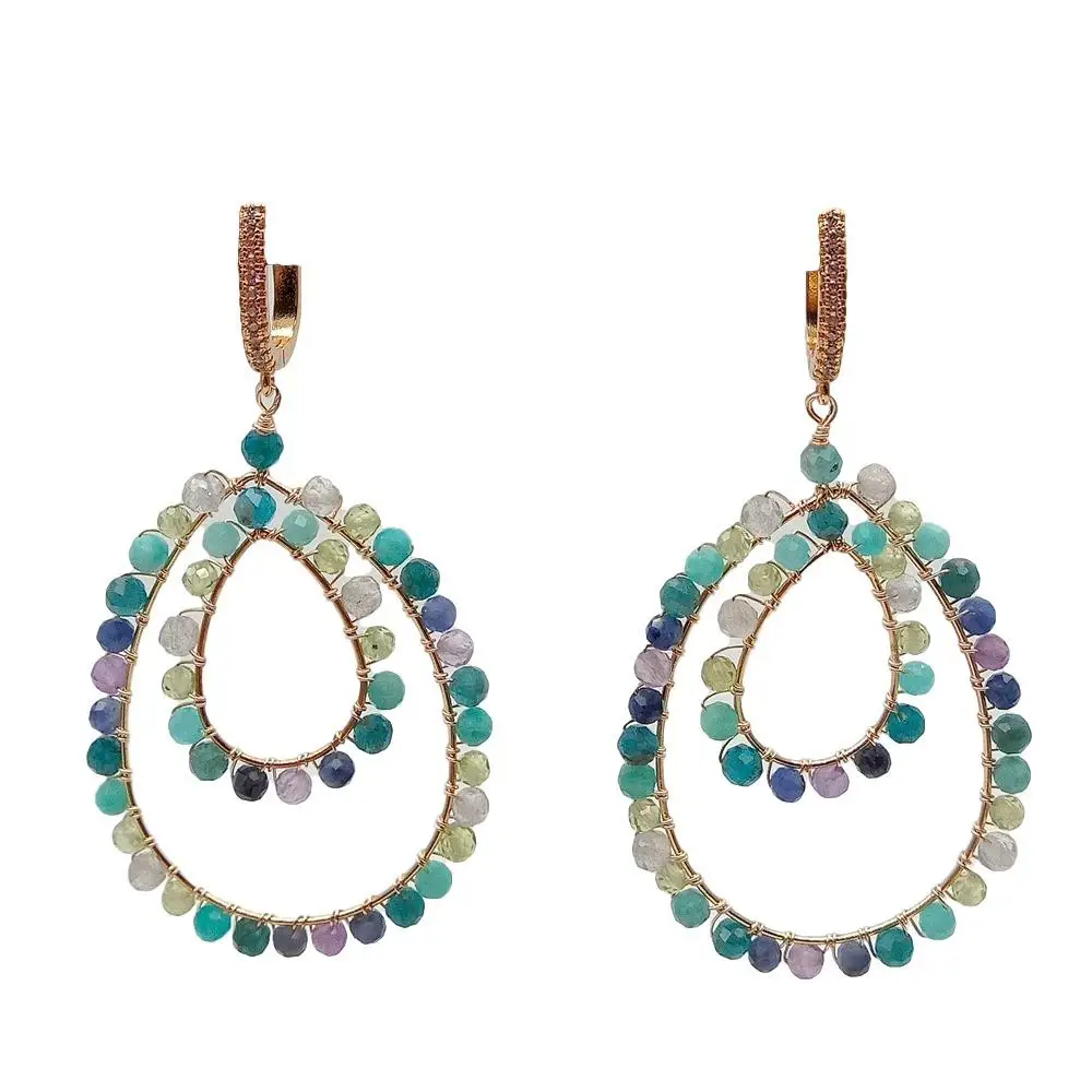YYGEM 4mm faceted round multi color Semi-Precious Stone Dangle Leverback  Earrings Big Unique Fashion Lace Earring for women