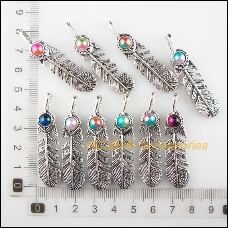 10Pcs Tibetan Silver Tone Retro Leaf Feather Mixed Colored Acrylic Charms Pendants 12x48.5mm