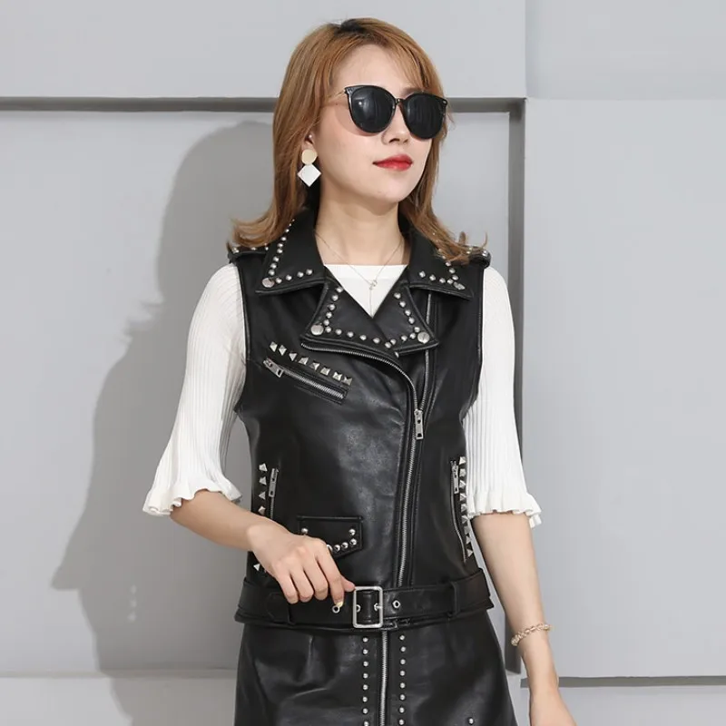 Motorcycle Sleeveless Sheepskin Real Leather Vest Women Punk Rivets Waistcoat High Quality Biker Genuine Leather Outwear Vests