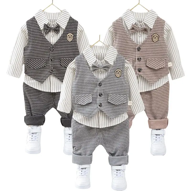 Children Kids Gentleman Clothing Suit Birthday Wedding Party Elegant Set Baby Boy Casual Wear Striped Shirt Vest Pants Costume