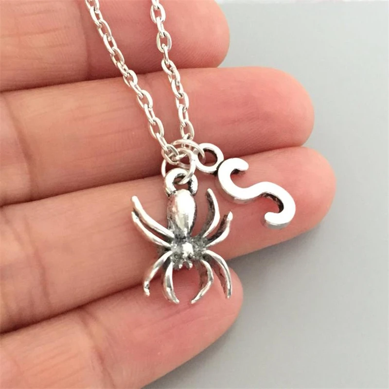 Spider Necklace with Initial, Halloween Jewelry, Arachnoid Jewelry, Initial Necklace, Hand Stamped Jewelry, Spider Lover Gift