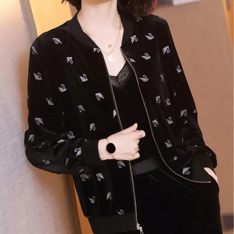 New 5XL Black Casual Gold Velvet Basic Coat Women\'s Spring Autumn Korean Bomber Zipper Baseball Uniform Loose Jacket