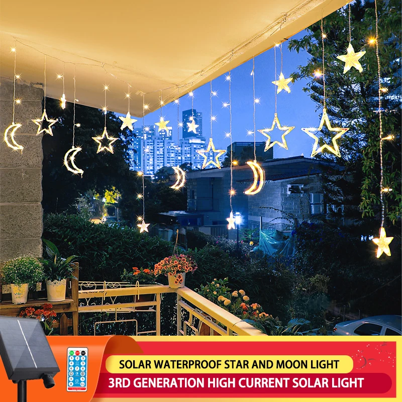 LED Christmas Light Solar Moon Star Curtain Lights Outdoor Waterproof Fairy Lights for Home Wedding Party Holiday Decoration