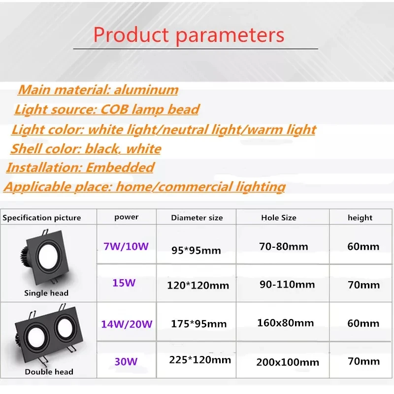 Quadrado brilhante recesso branco preto led pode ser escurecido downlight cob7w 10w 14 20 30wled ponto luz decoração lâmpada do teto AC85-265V