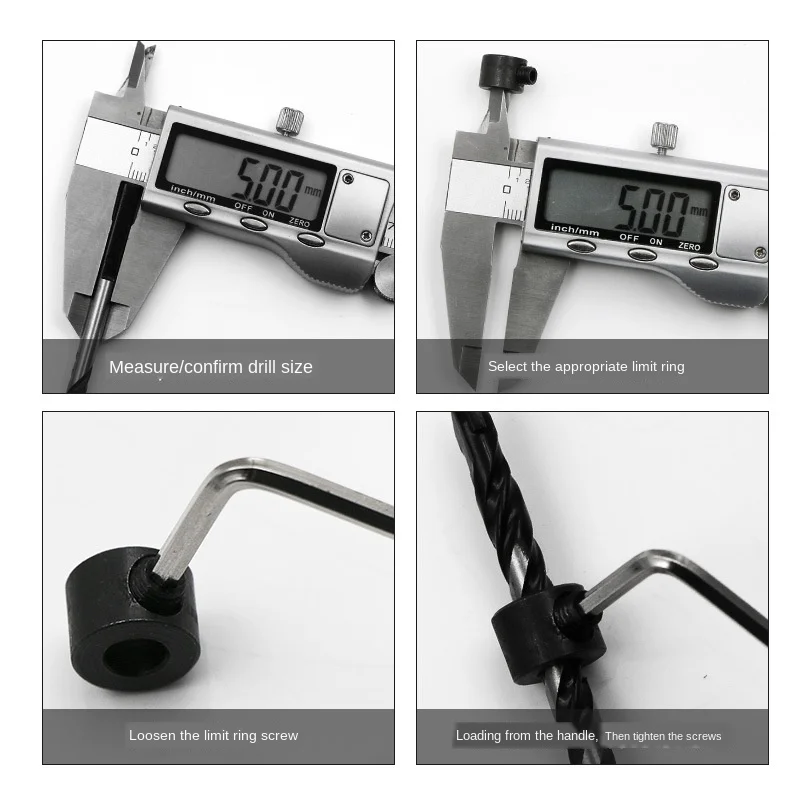 9Pcs เจาะ Bits 3/4/5/6/8/10/12/16Mm เจาะความลึก Stop Collars Dowel Shaft Chuck ประแจสำหรับงานไม้เครื่องมือ