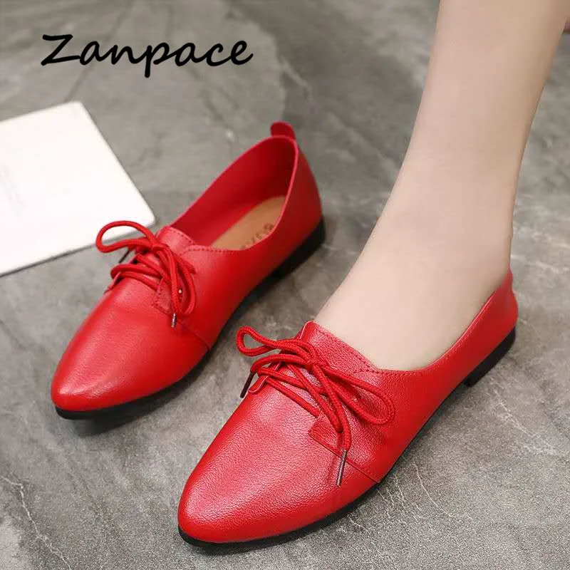 ZANPACE Autumn Casual Women Shoes Pointed Toe Lace-Up Leather Low Heel Shoes Loafers Slip on Female Spring Platform Shoes