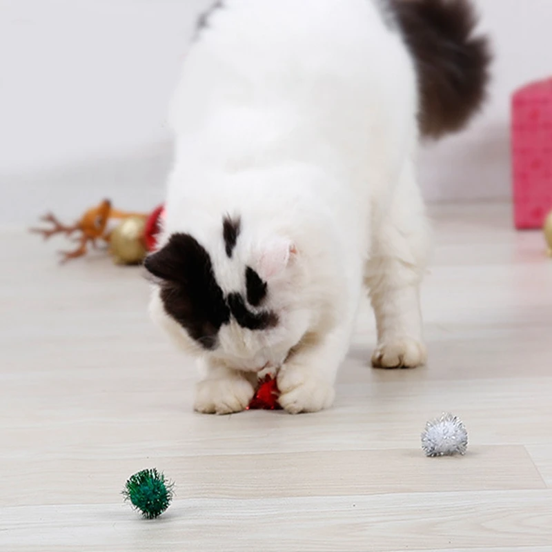 3PCS Cat Ball Toy Cat Play Ball Pet Sparkle Ball Kitten Ball For Christmas Solid Color Sparkle Balls Toys Glitter Pom Cat Toys