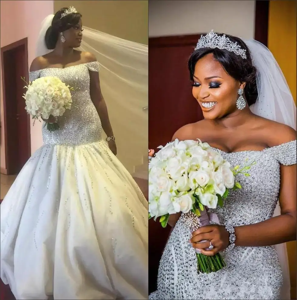 Customized Nigeria Mermaid Wedding Dresses Off The Shoulder Organza Beaded Stones Sweep Train Bridal Gowns