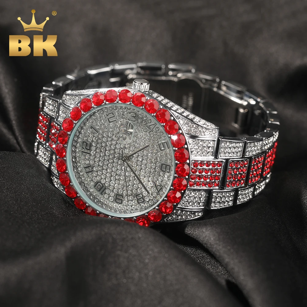 THE BLING KING Big Dial Watch Iced Out Red White Rhinestone Top Dual Calendar Men\'s Quartz Clock Luxury Waterproof Wrist Watch