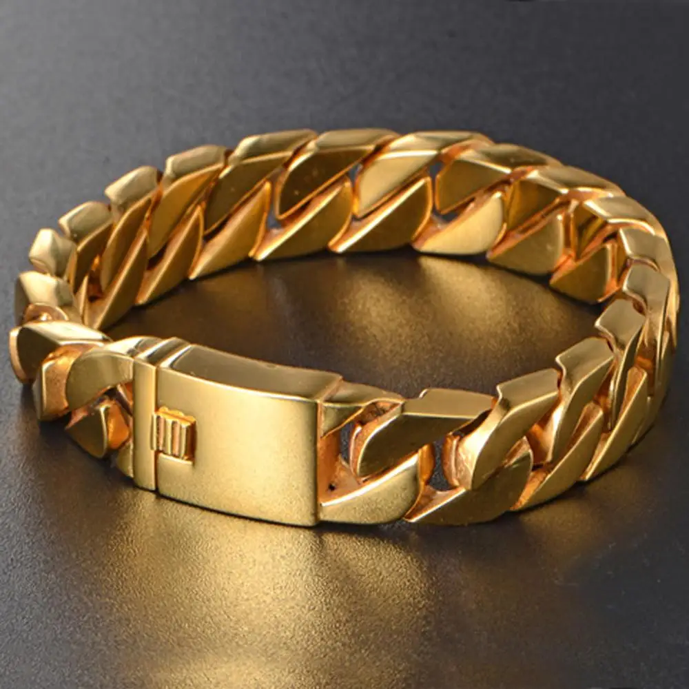 

Fashion New Gold Tone Link Chain Stainless Steel Bracelet Men Heavy 15MM Wide Mens Bracelets Bicycle Chain Wristband