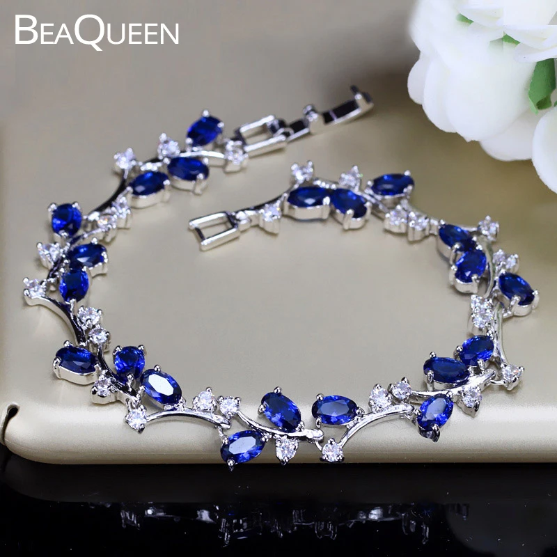 BeaQueen Delicate Oval Dark Blue Stones and Crystals Tennis Bracelet Silver Color Fashion Friendship Jewelry for Women B131