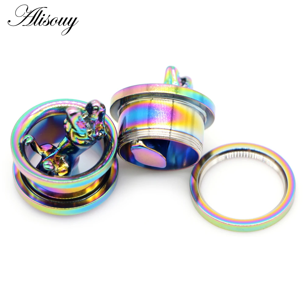 Alisouy 2pcs Fashion Dinosaur Ear Gauges Expander Stretchers Stainless Steel Earrings Plugs Tunnels Screw Piercing Body Jewelry